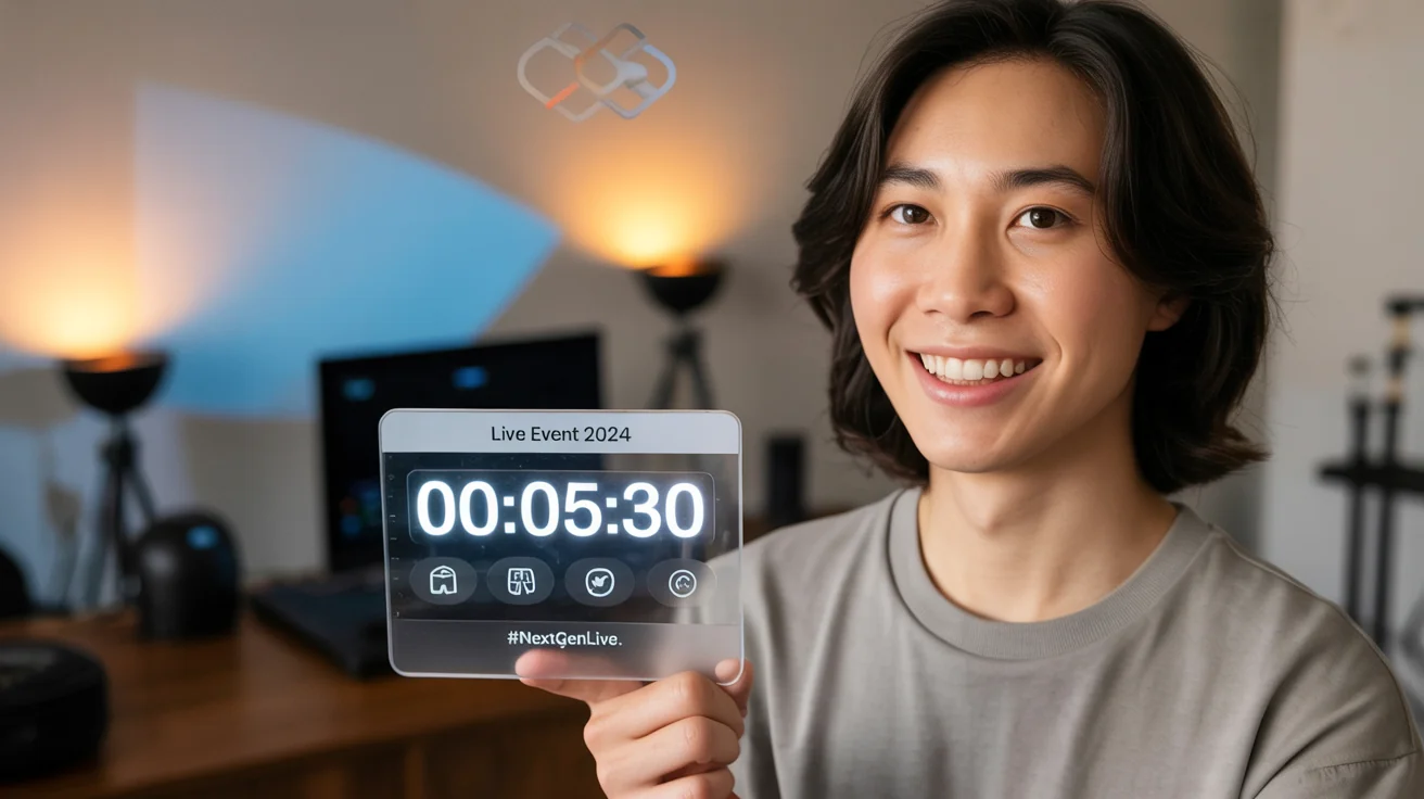 A live event stage with dramatic lighting, featuring a professional countdown timer overlay with the text 'LIVE EVENT 2024' and a clock showing five minutes and thirty seconds.
