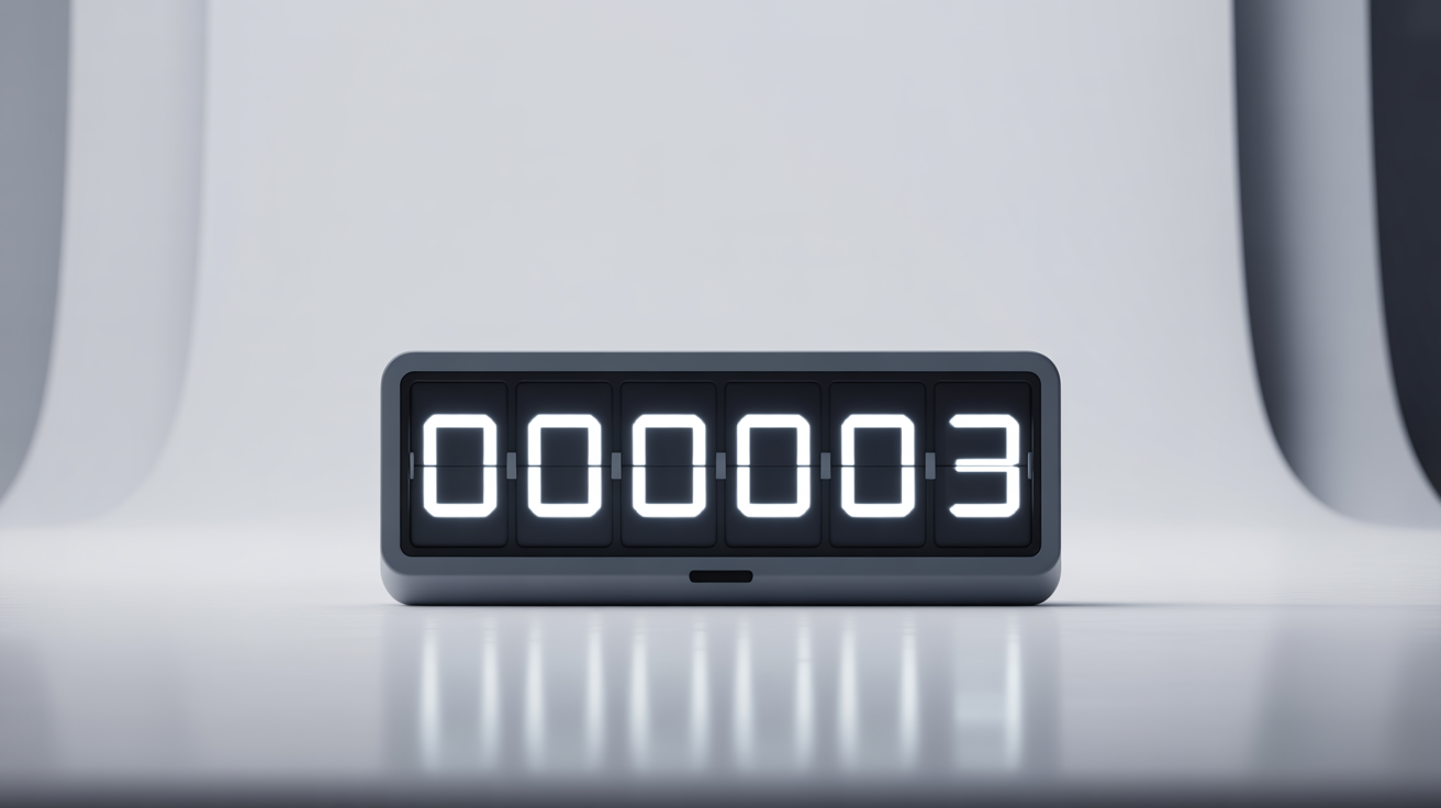 A close-up, photorealistic image of a modern, black digital flip clock counting down, displaying the numbers 00:00:03 on a clean white background.