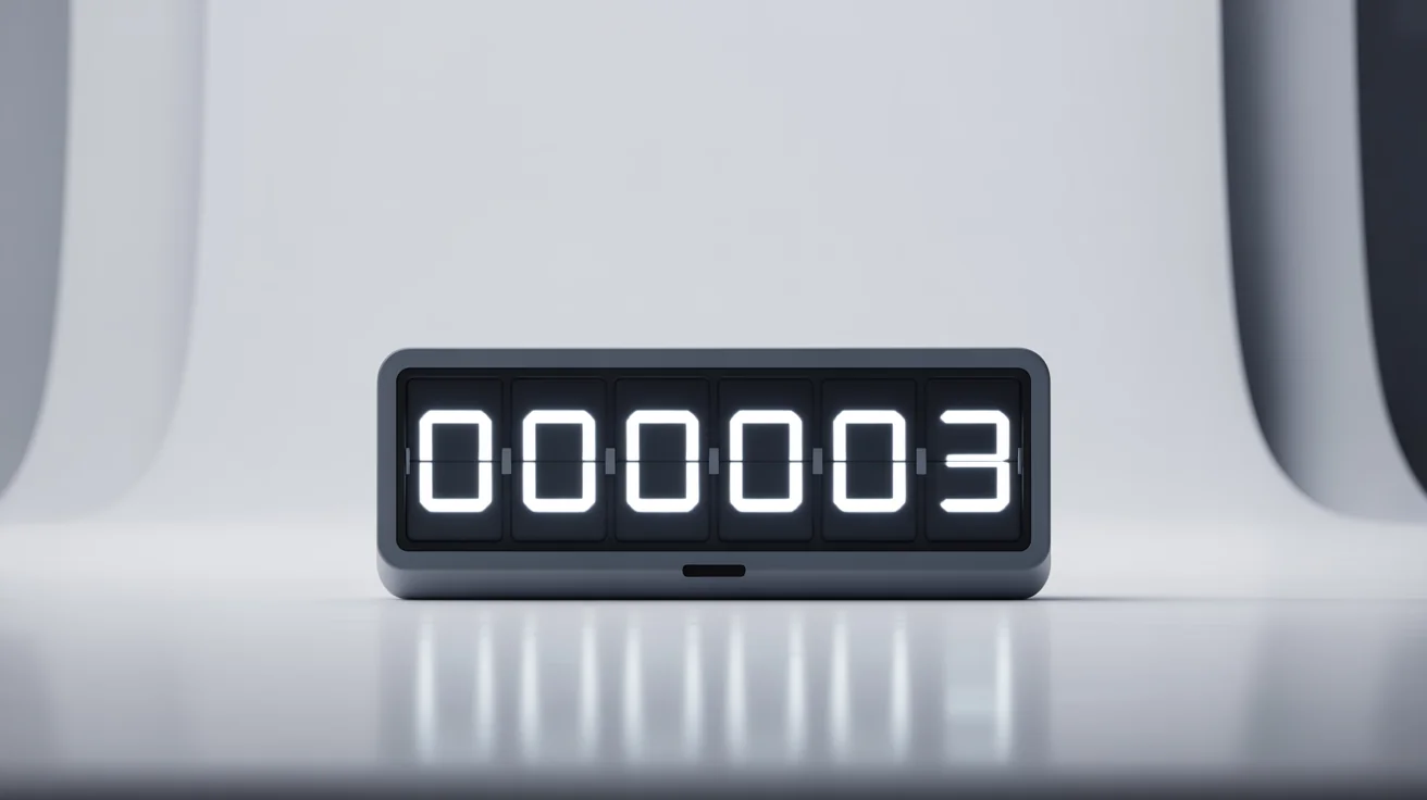 A close-up, photorealistic image of a modern, black digital flip clock counting down, displaying the numbers 00:00:03 on a clean white background.