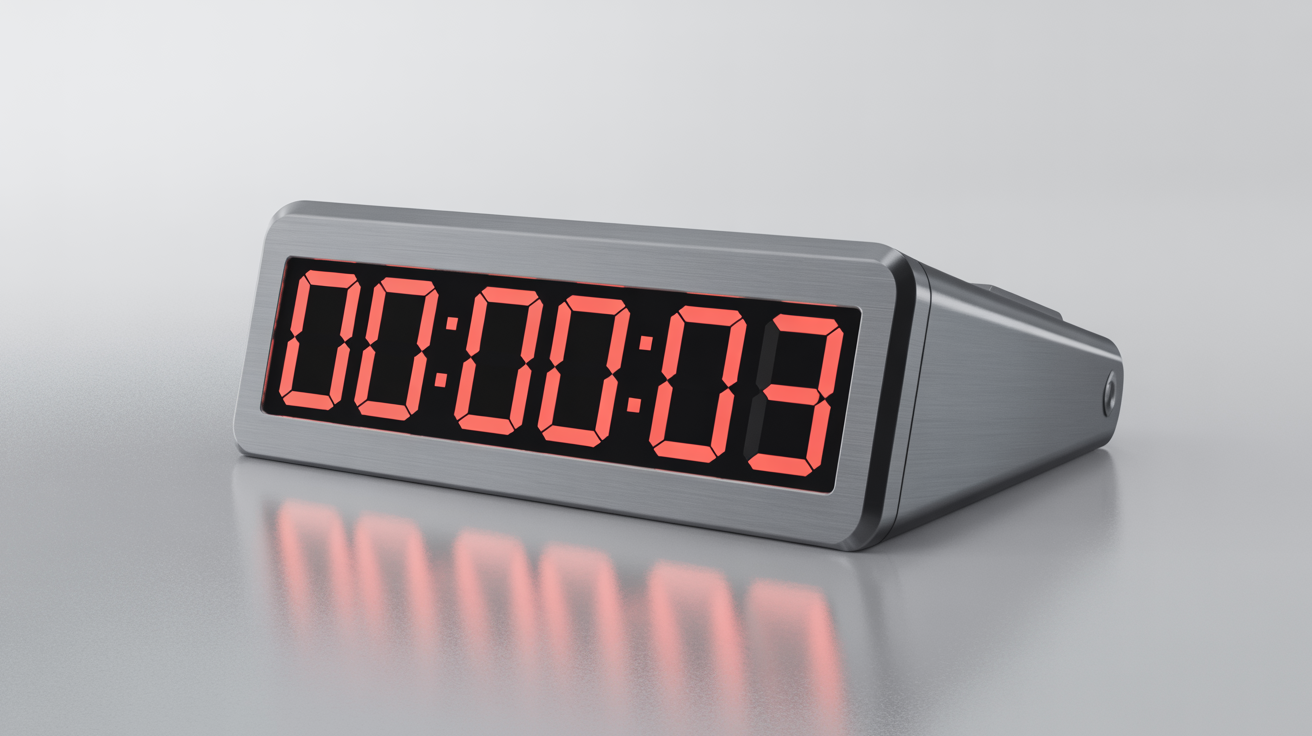 A sleek, modern digital countdown timer with a brushed metal finish, displaying '00:00:03' in glowing red numbers on a clean white background.
