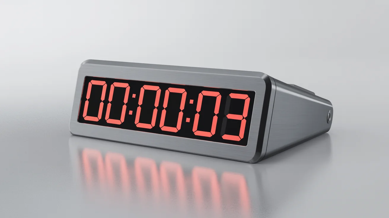 A sleek, modern digital countdown timer with a brushed metal finish, displaying '00:00:03' in glowing red numbers on a clean white background.