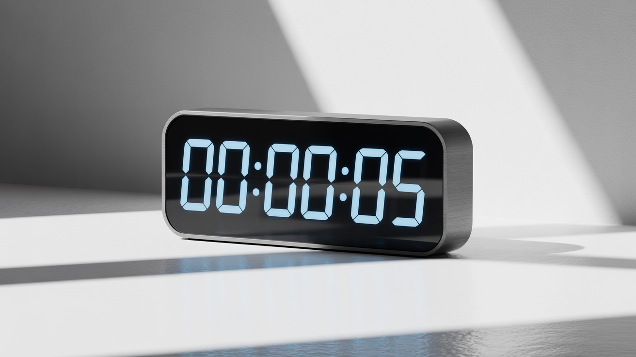 A modern digital countdown timer with glowing blue numbers showing five seconds remaining, set against a plain white background.