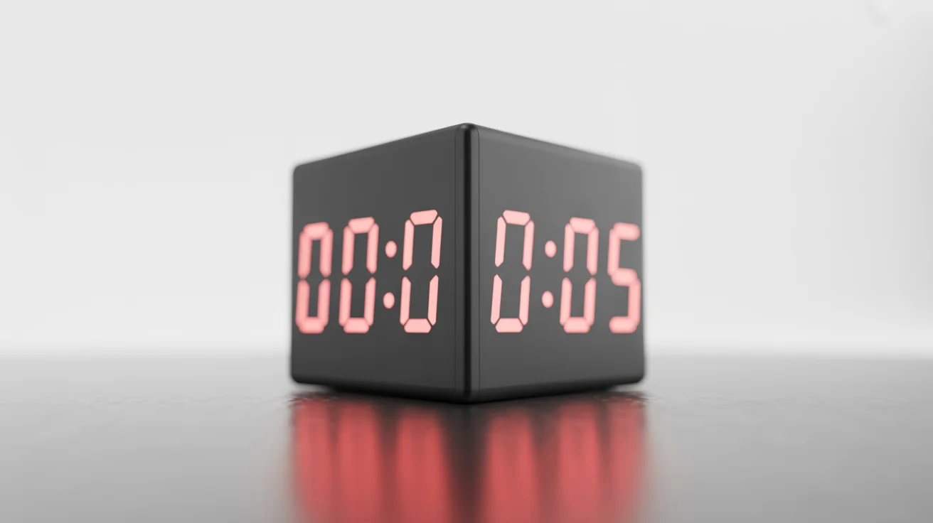 A close-up of a modern, black, cube-shaped countdown timer on a white background, its face displaying glowing red numbers counting down from five seconds.