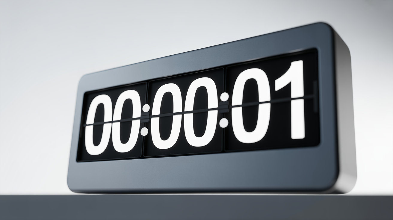 A minimalist black flip clock shown in a dramatic close-up against a white background, with the numbers displaying the final second of a countdown: 00:00:01.