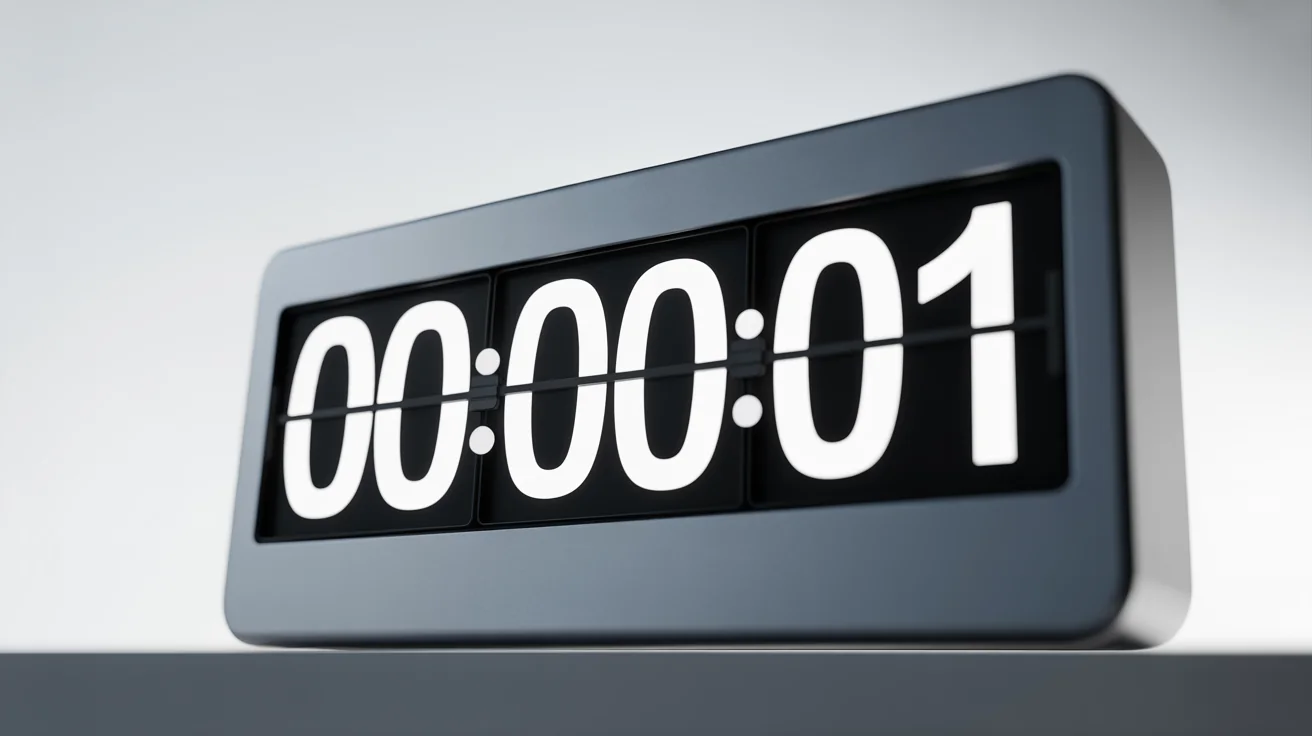 A minimalist black flip clock shown in a dramatic close-up against a white background, with the numbers displaying the final second of a countdown: 00:00:01.