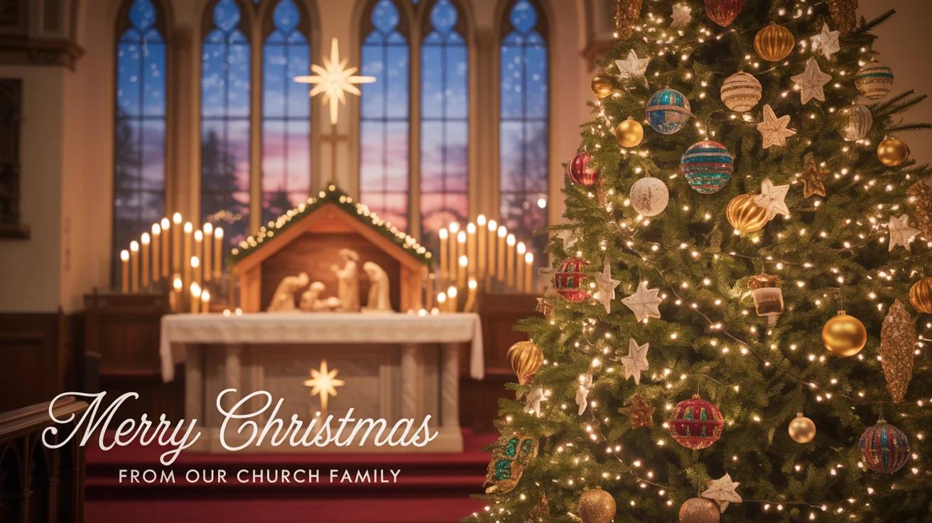A serene Christmas church scene with a large, lit Christmas tree in the foreground, a nativity scene in the background, and snow falling outside the windows. The text 'Merry Christmas from Our Church Family' is at the bottom.