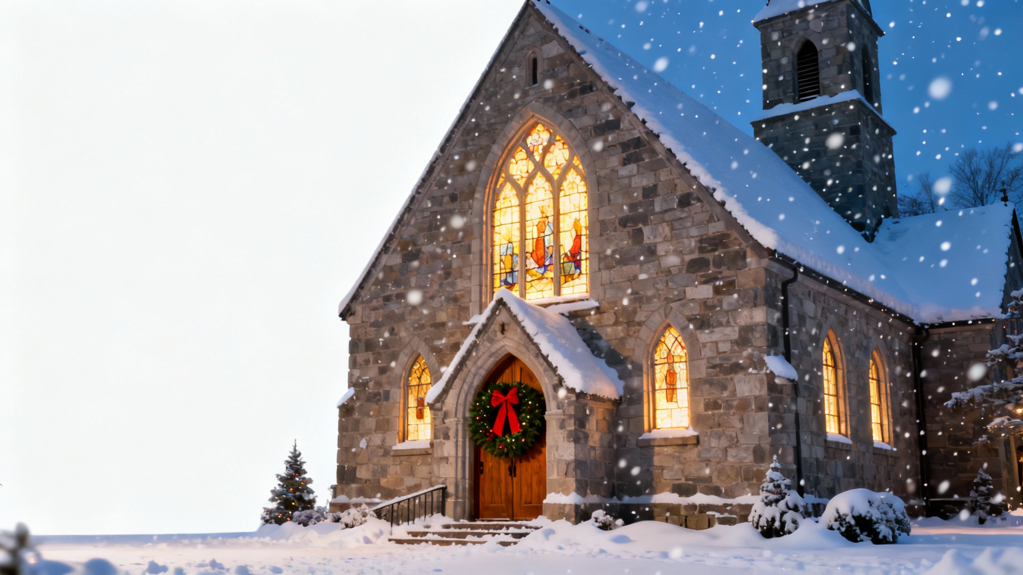 A photorealistic mockup of a Christmas church background, showing a snow-covered church at night with glowing windows, isolated on a white background.