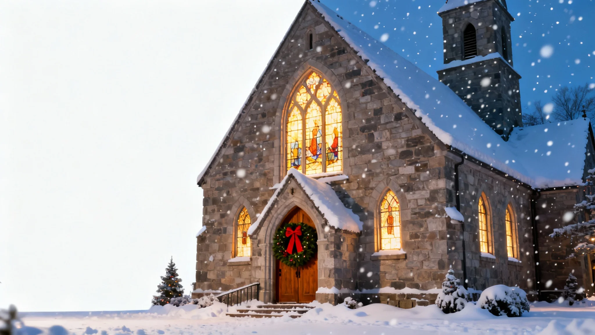 A photorealistic mockup of a Christmas church background, showing a snow-covered church at night with glowing windows, isolated on a white background.
