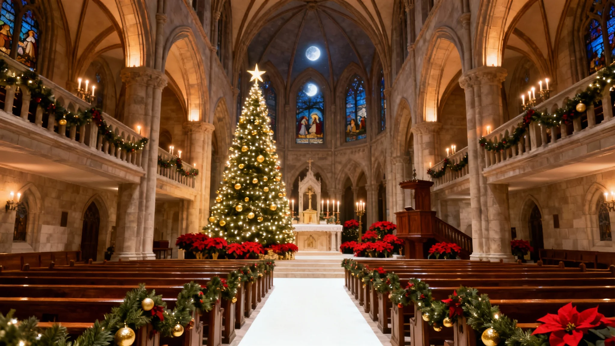 A serene and beautifully decorated church interior at Christmas, featuring a large, illuminated Christmas tree next to the altar, with garlands and poinsettias throughout.