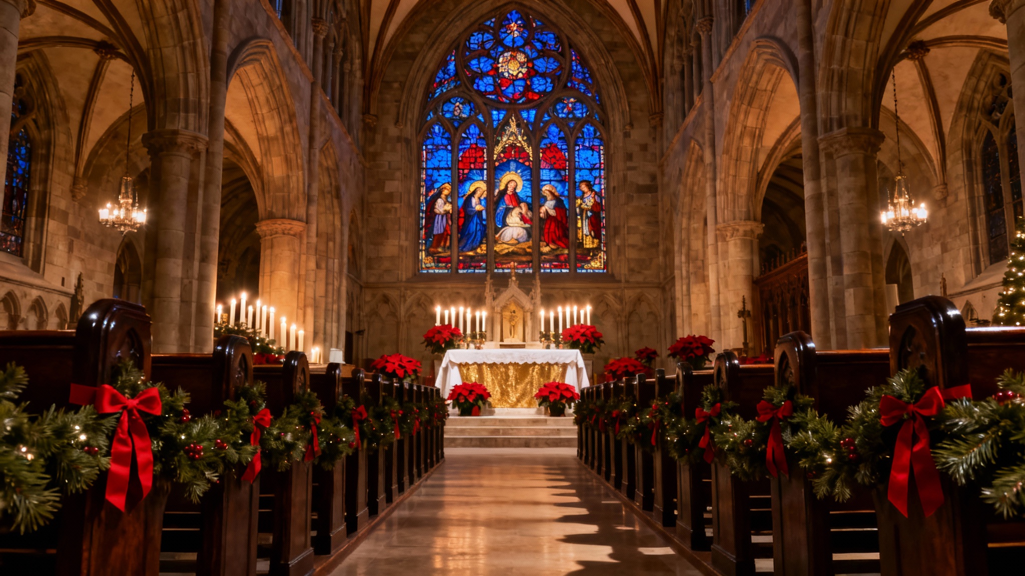 Interior of a beautifully decorated church on Christmas Eve, with glowing candles, poinsettias, and a large stained-glass window depicting the Nativity scene.