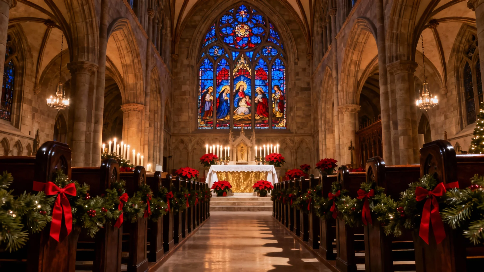 Interior of a beautifully decorated church on Christmas Eve, with glowing candles, poinsettias, and a large stained-glass window depicting the Nativity scene.