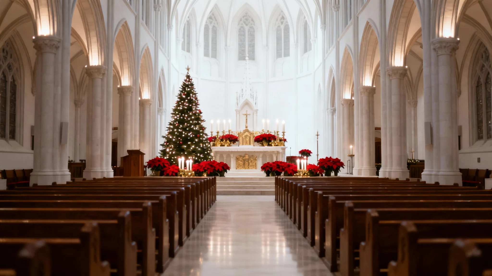A serene, photorealistic mockup of a cathedral's interior decorated for Christmas, viewed from the back pews looking towards a beautifully lit altar with candles and a Christmas tree.