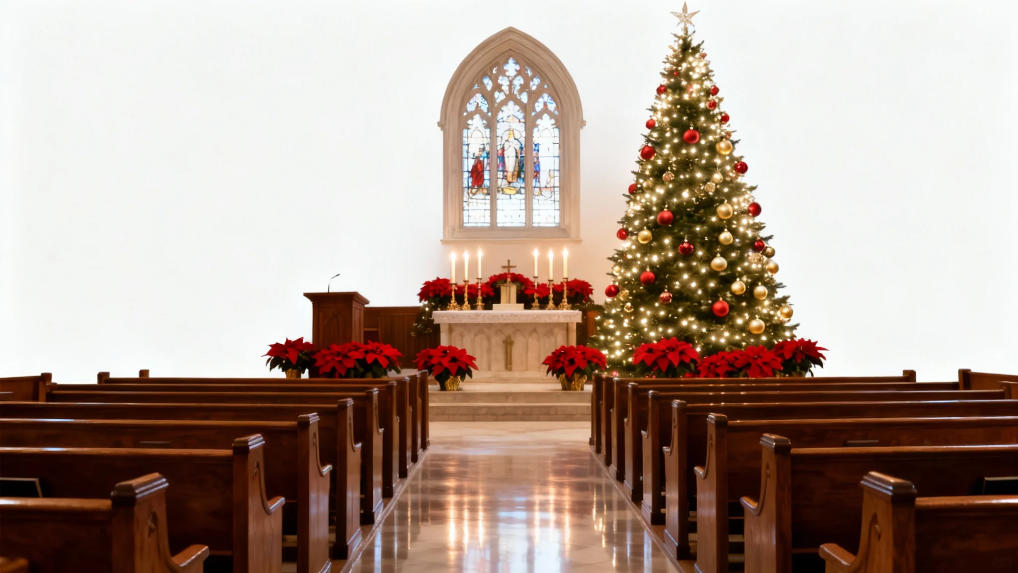 A serene and beautifully decorated church interior at Christmas, viewed from the back aisle, featuring a glowing Christmas tree and an altar with poinsettias, presented against a clean white background.