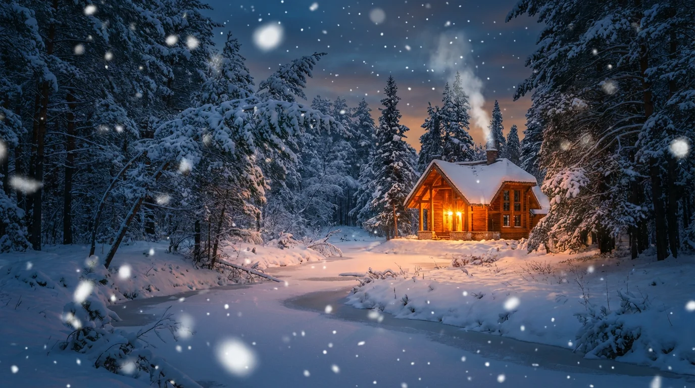 A polished photo of a cozy cabin in a snowy forest at twilight, enhanced with a realistic and beautiful falling snow overlay.