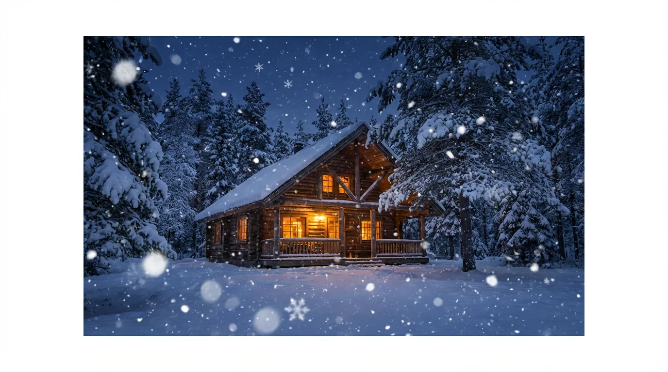 A photorealistic image of a cozy cabin in a snowy forest at night, showcasing a beautiful and realistic falling snow particle overlay effect.