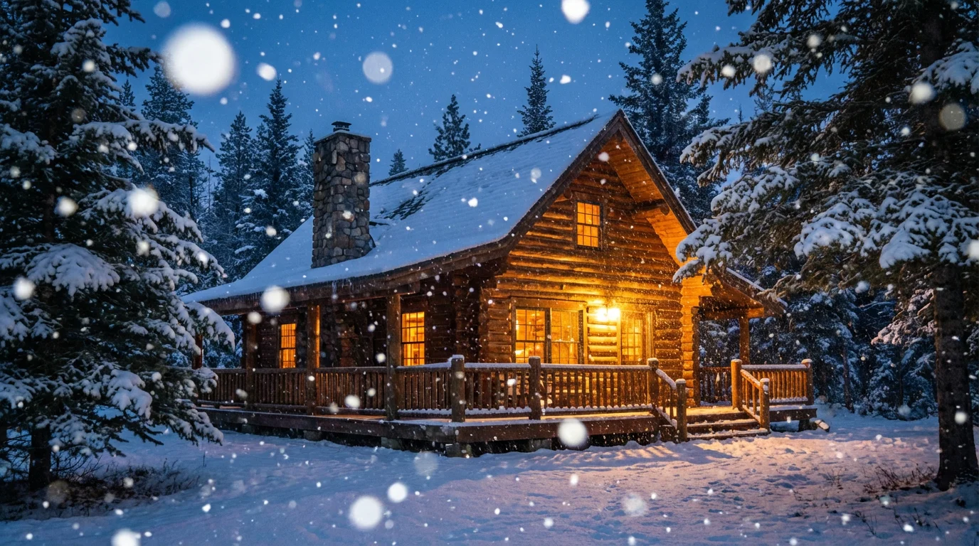 A photorealistic image of a cozy log cabin in a forest at dusk, with beautifully detailed and varied snowflakes falling gently through the air, demonstrating a snow particle overlay effect.