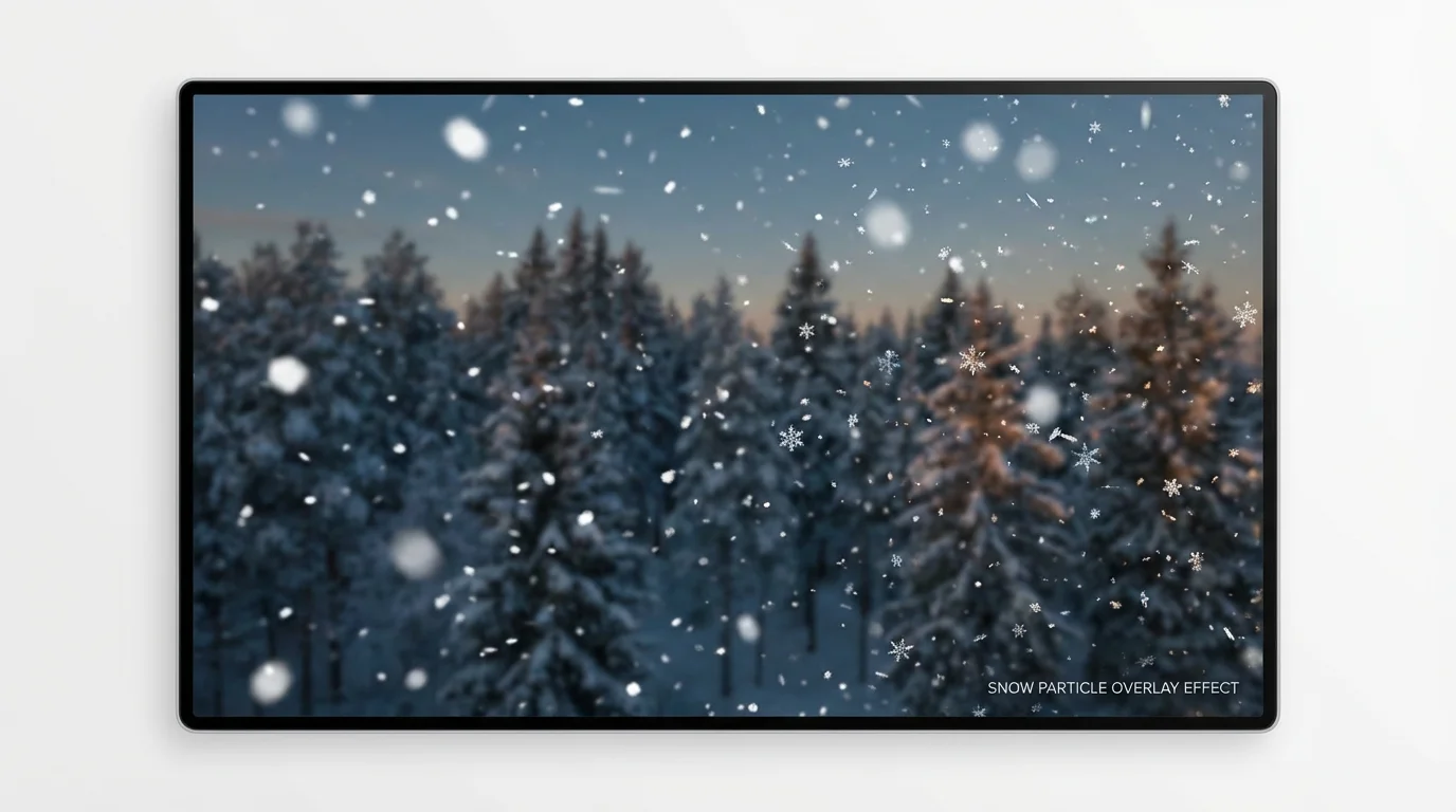A beautiful image demonstrating a snow particle overlay, showing a serene forest at twilight with photorealistic, detailed snowflakes of various shapes and sizes gently falling.