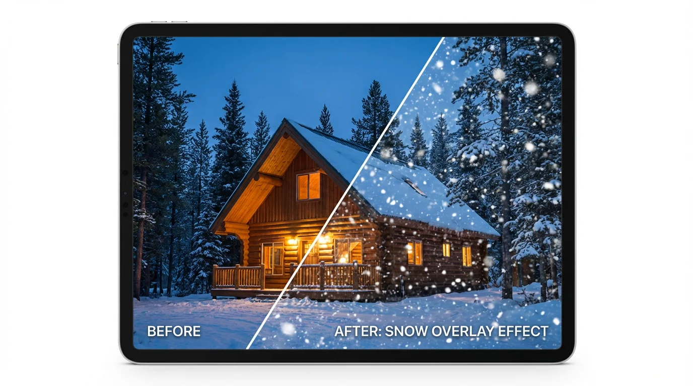 A before-and-after image of a cabin in a forest, split diagonally to demonstrate the application of a realistic falling snow particle overlay.