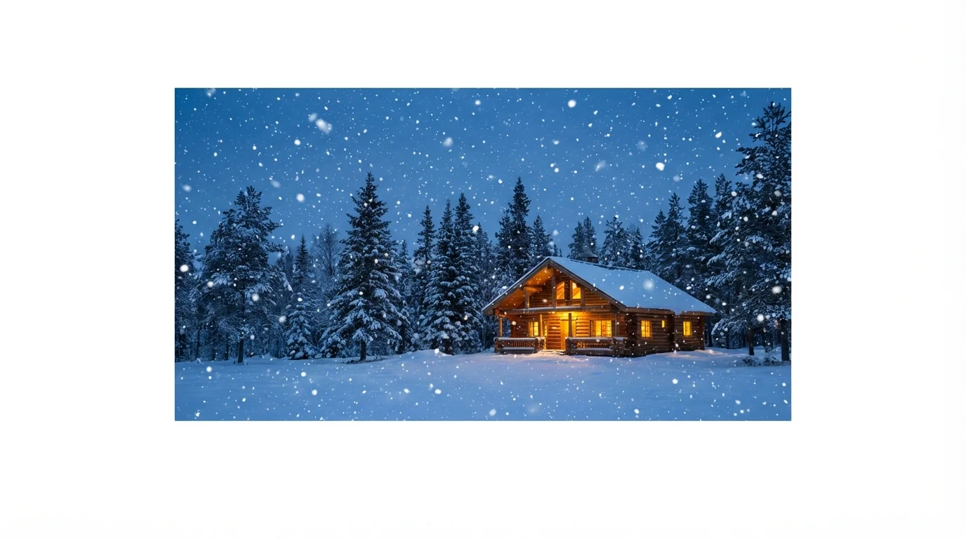 A serene winter scene of a log cabin in a forest at dusk, enhanced with a realistic overlay of gently falling snow particles.
