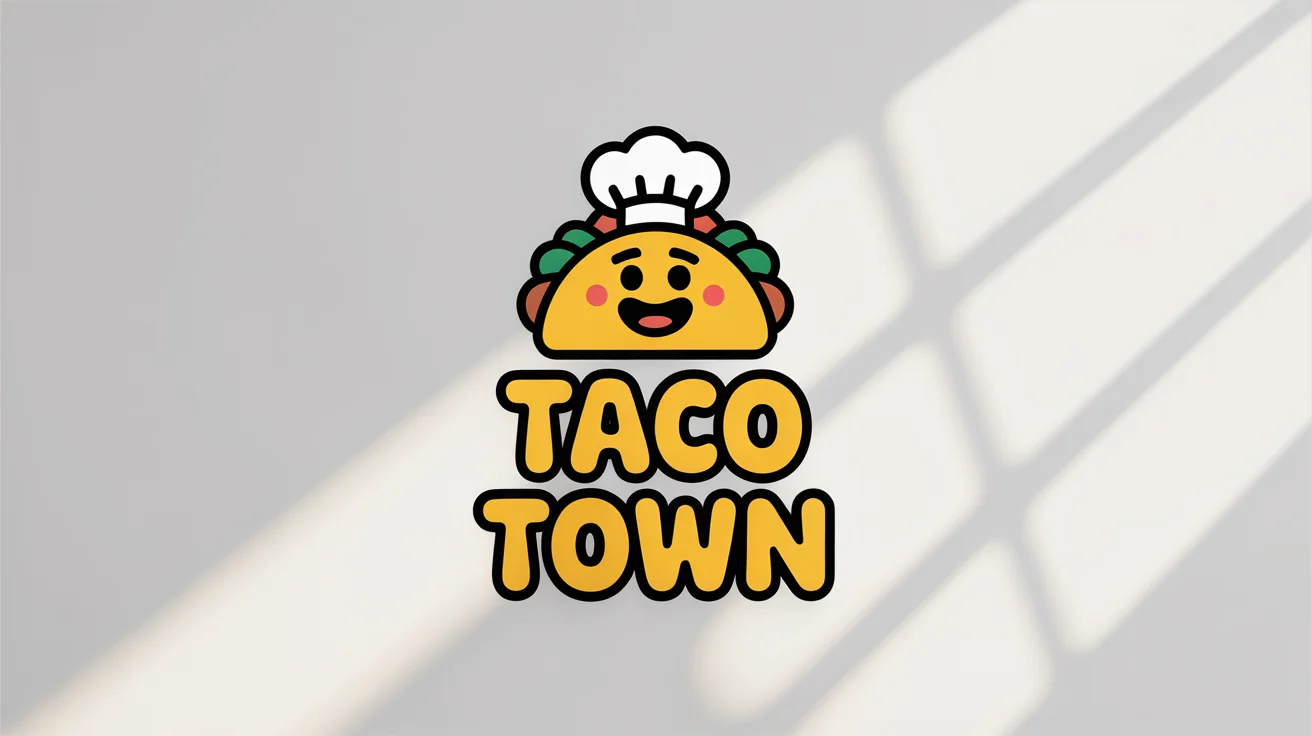 A professional mockup of a memorable logo for a fictional food truck named 'Taco Town', featuring a smiling taco character on a clean white background.