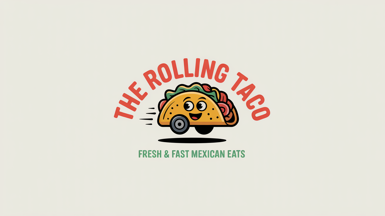 A colorful and playful logo for a fictional food truck named 'The Rolling Taco', featuring a cartoon taco on wheels set against a plain white background.