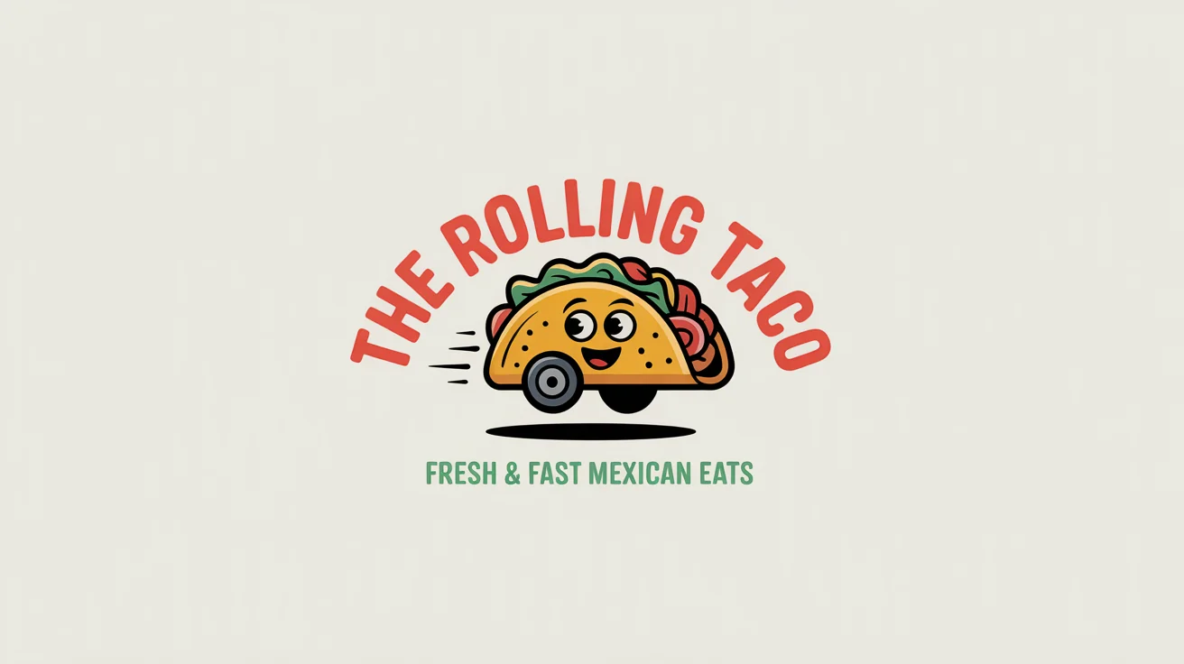 A colorful and playful logo for a fictional food truck named 'The Rolling Taco', featuring a cartoon taco on wheels set against a plain white background.
