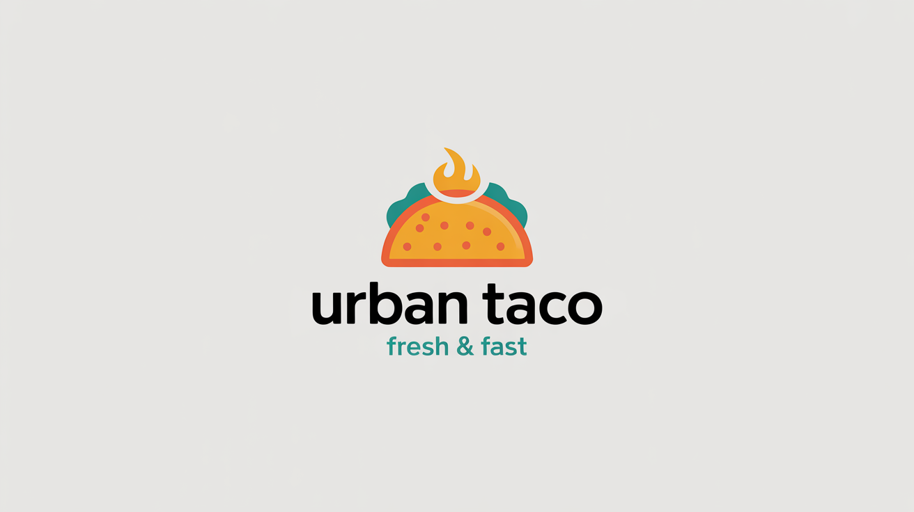A modern logo for a food truck named 'Urban Taco'. The logo features a stylized taco and flame icon, with the tagline 'Fresh & Fast' below the brand name. The design is set against a plain white background.