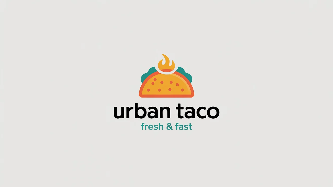 A modern logo for a food truck named 'Urban Taco'. The logo features a stylized taco and flame icon, with the tagline 'Fresh & Fast' below the brand name. The design is set against a plain white background.