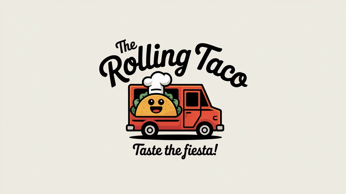 A memorable logo mockup for a food truck named "The Rolling Taco", featuring a cartoon taco driving a truck, set against a clean white background.