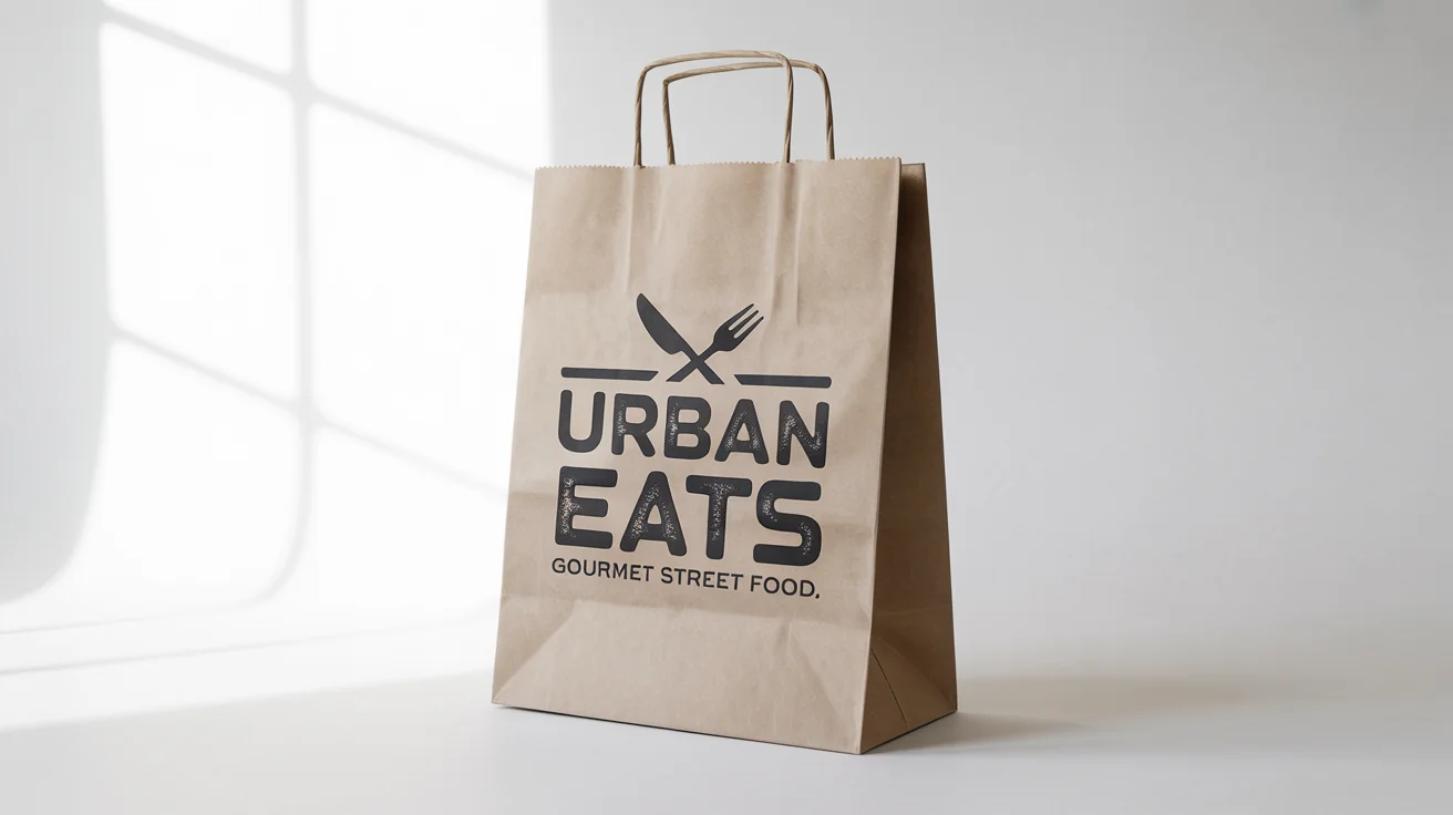 A high-quality mockup of a food truck logo for 'Urban Eats' printed on a paper takeout bag, set against a plain white background.