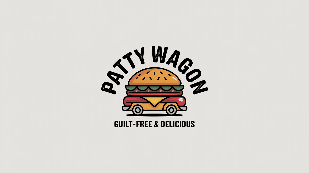 A memorable logo mockup for a fictional food truck named 'Patty Wagon' on a white background, featuring a stylized burger designed to look like a vehicle.