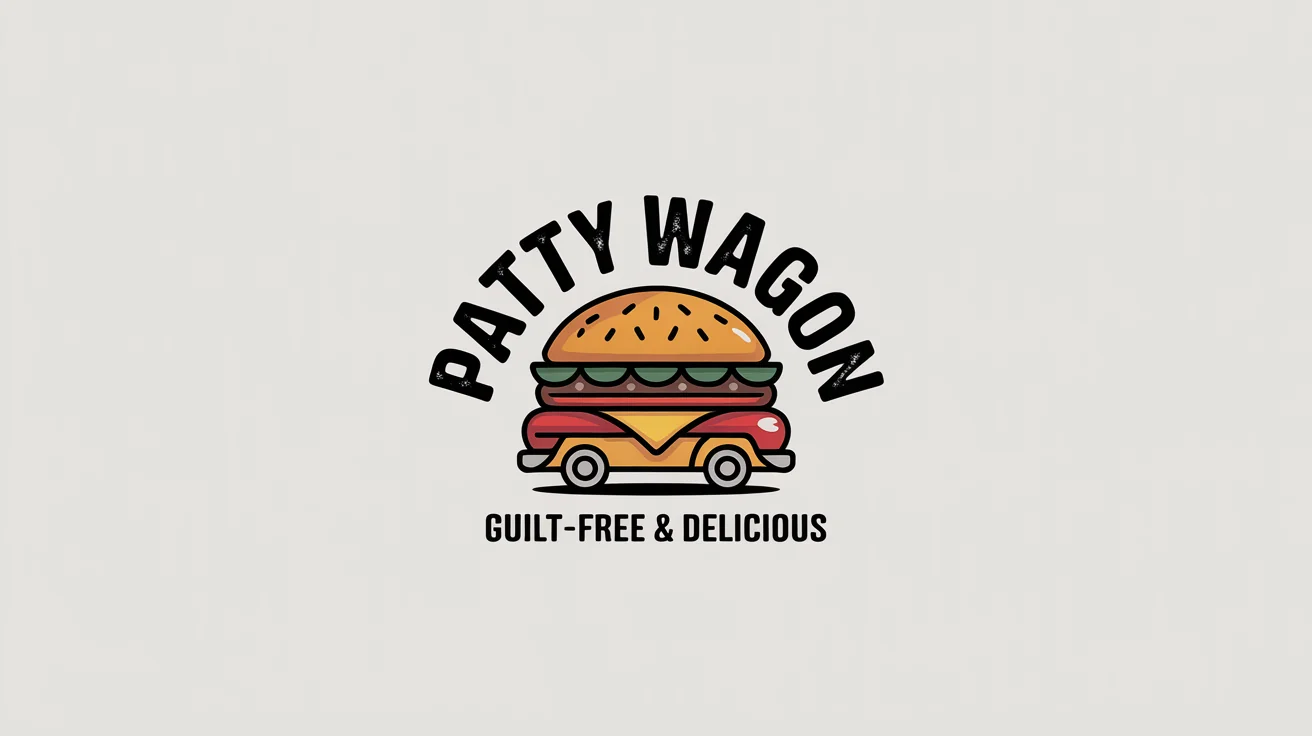 A memorable logo mockup for a fictional food truck named 'Patty Wagon' on a white background, featuring a stylized burger designed to look like a vehicle.