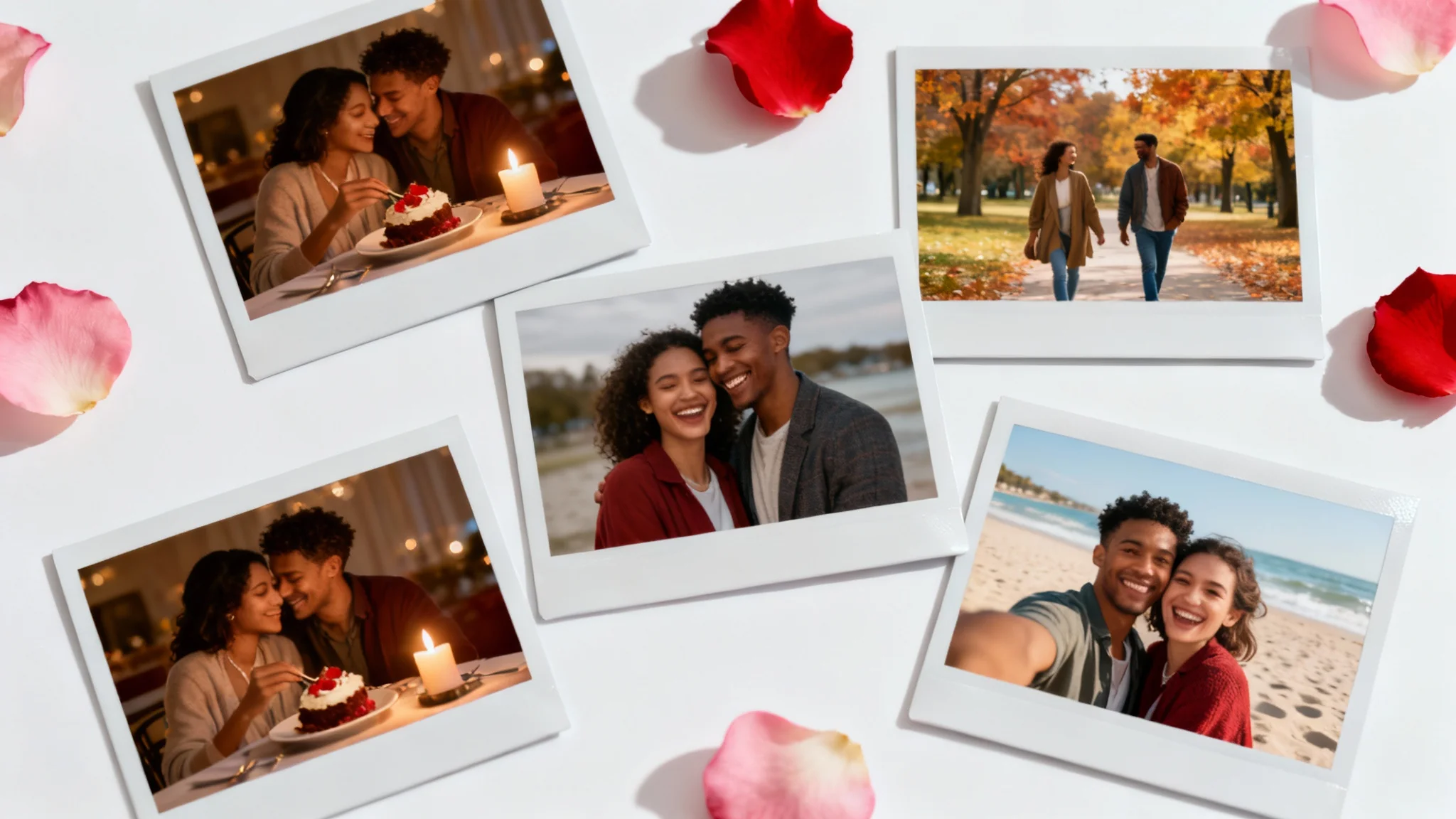 A collection of romantic Polaroid-style photos of a couple, scattered on a white background with rose petals, illustrating a Valentine's Day slideshow concept.