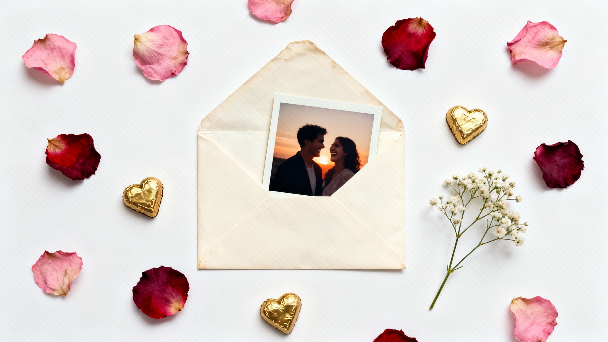 A romantic flat lay representing a Valentine's Day slideshow, featuring a polaroid of a couple, a love letter, rose petals, and chocolates on a white background.