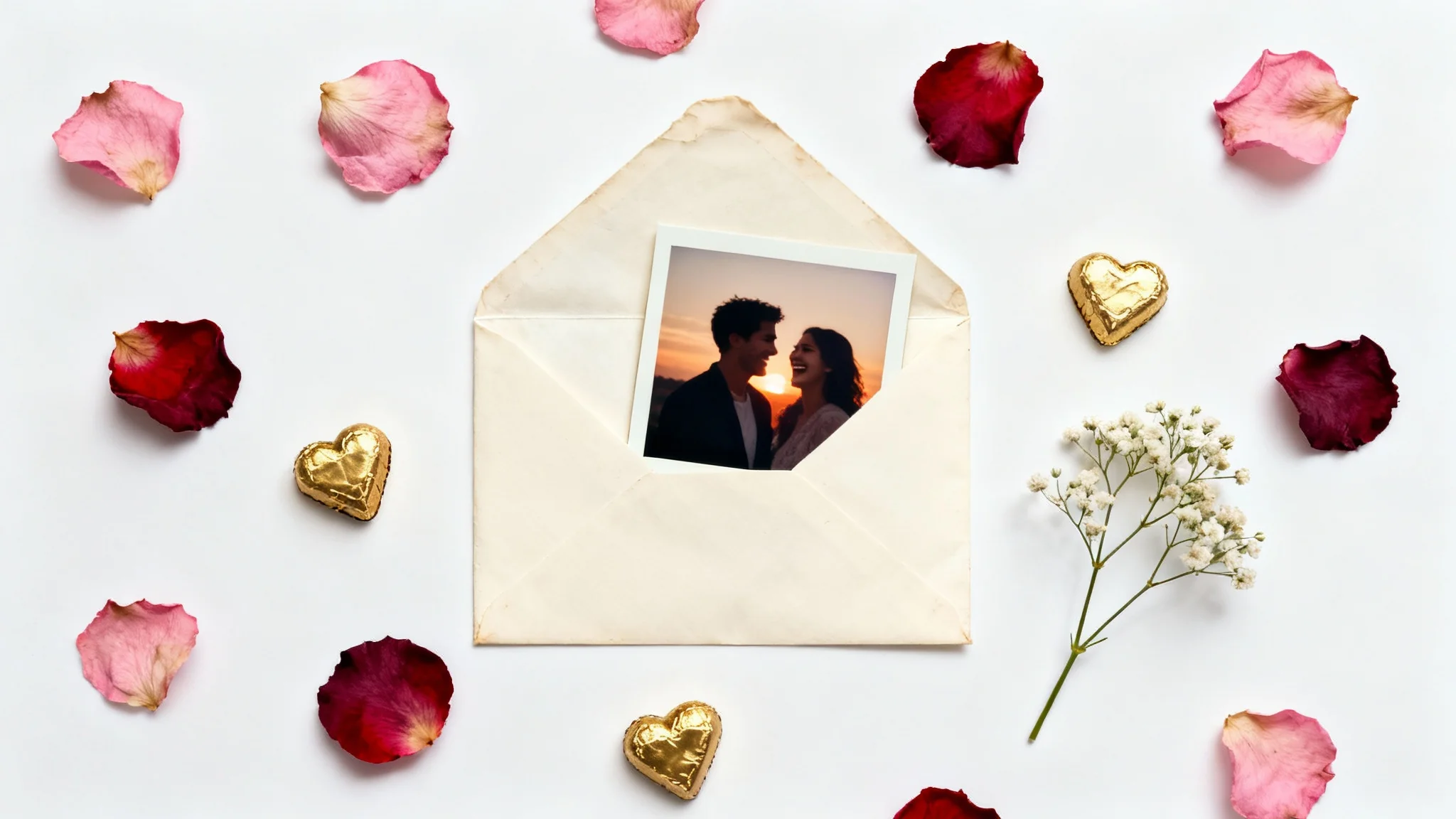 A romantic flat lay representing a Valentine's Day slideshow, featuring a polaroid of a couple, a love letter, rose petals, and chocolates on a white background.