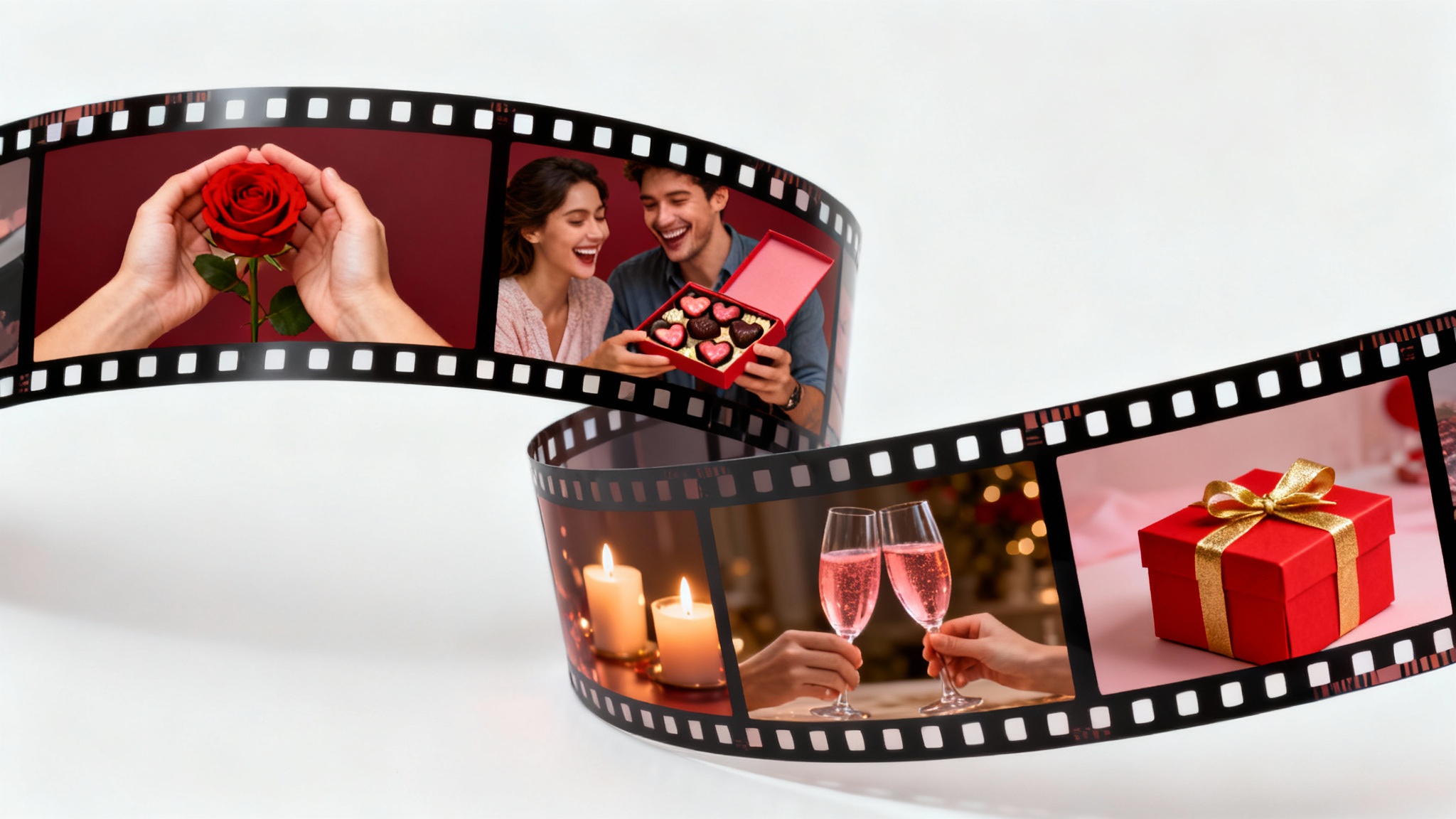 A stylized film strip on a white background, showcasing four romantic Valentine's Day scenes: a couple holding a rose, sharing chocolates, toasting with champagne, and a gift box, representing a Valentine's Day slideshow.