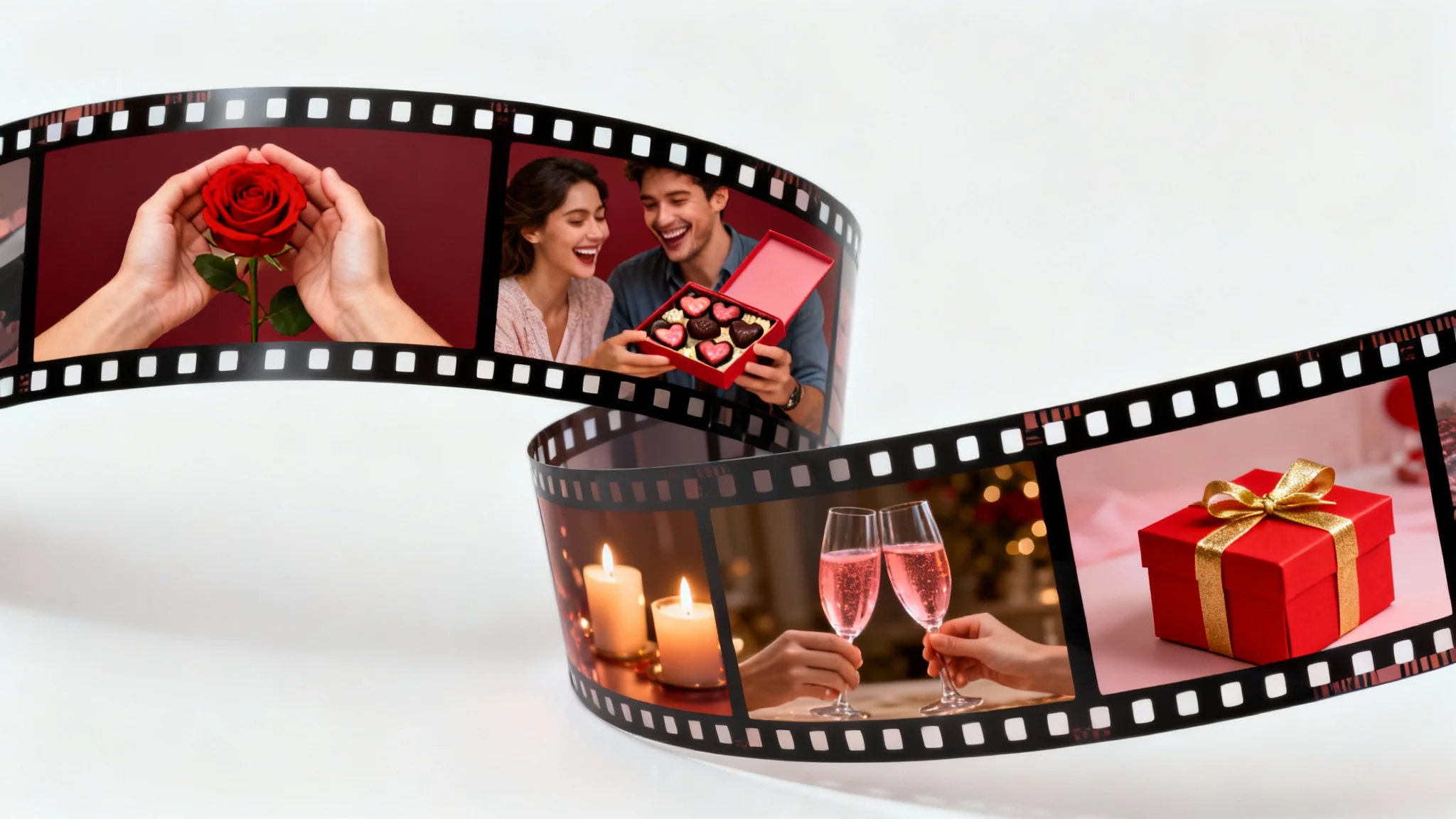 A stylized film strip on a white background, showcasing four romantic Valentine's Day scenes: a couple holding a rose, sharing chocolates, toasting with champagne, and a gift box, representing a Valentine's Day slideshow.