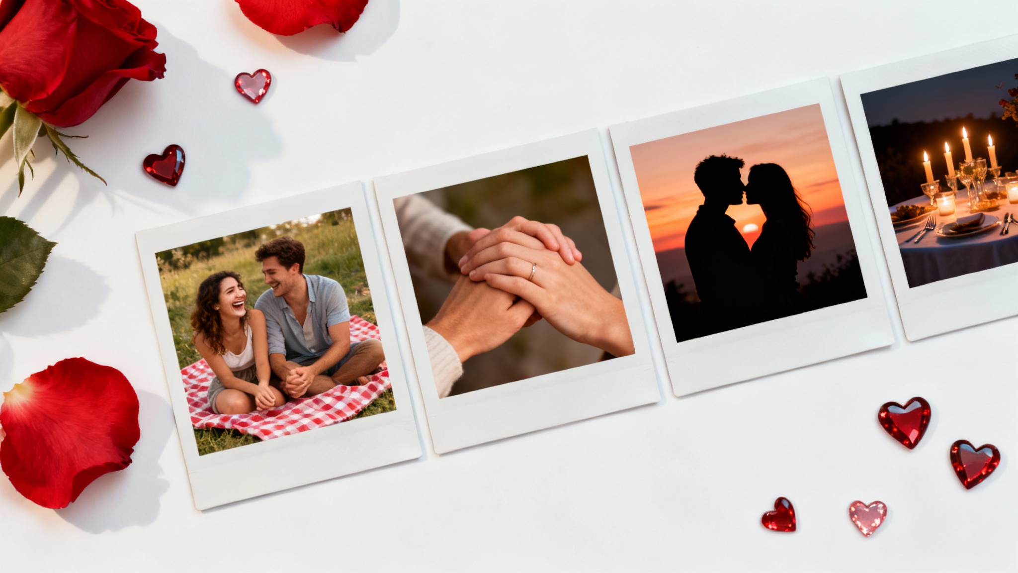 A flat lay arrangement of romantic instant photos depicting couples and Valentine's Day scenes, scattered with rose petals on a white background, representing a slideshow.