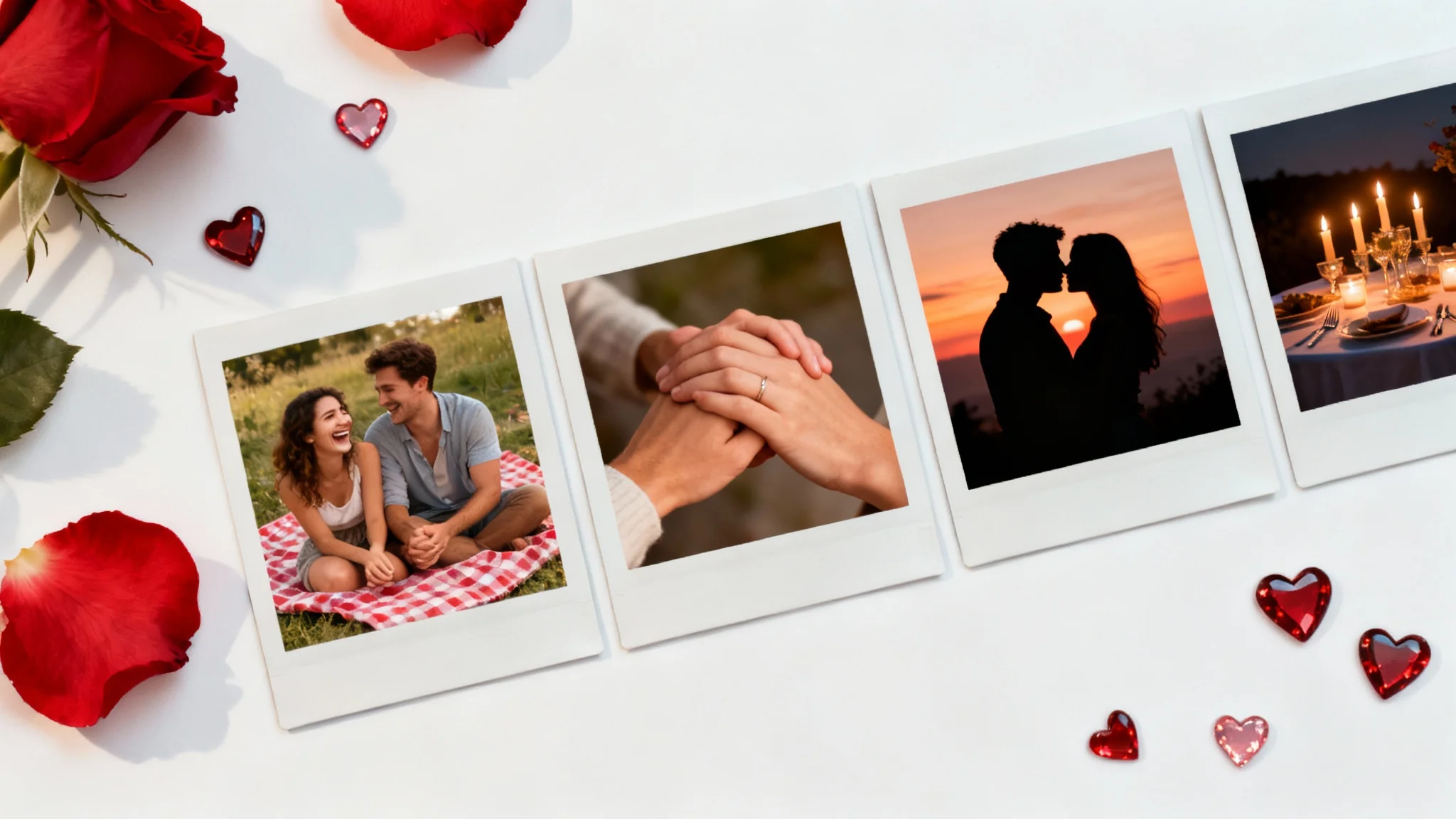 A flat lay arrangement of romantic instant photos depicting couples and Valentine's Day scenes, scattered with rose petals on a white background, representing a slideshow.