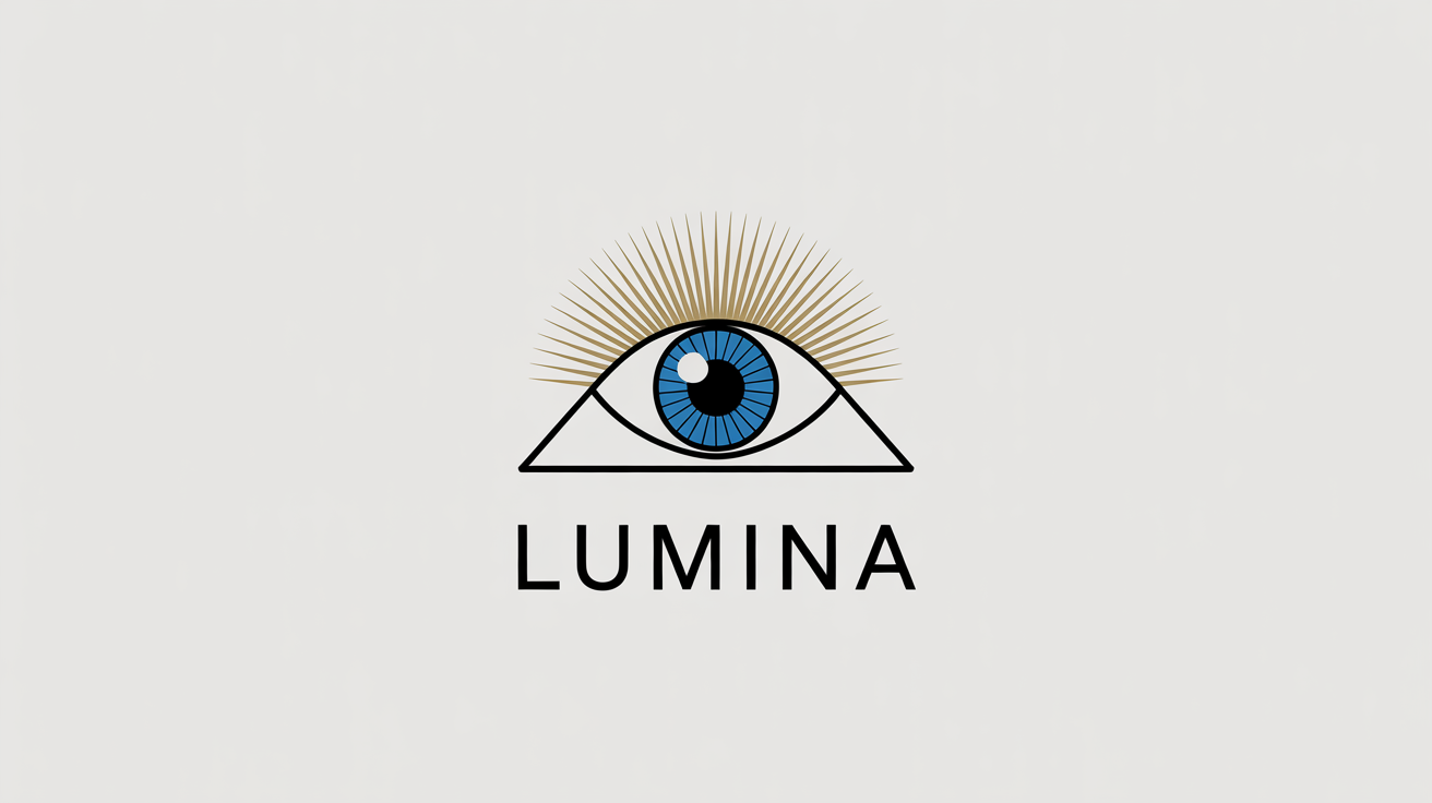 A modern, minimalist logo of the Eye of Providence, featuring a stylized blue eye inside a golden triangle with light rays, presented on a white background with the word 'LUMINA' below.