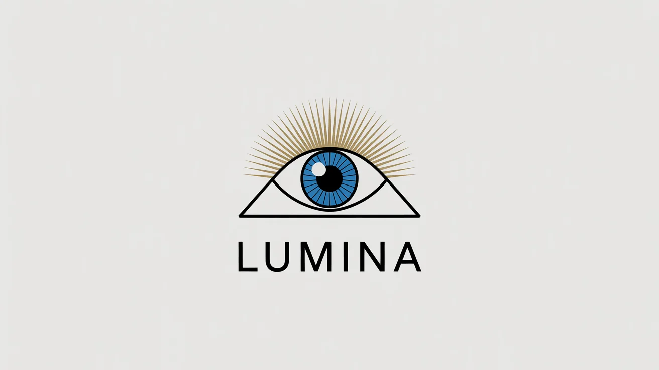 A modern, minimalist logo of the Eye of Providence, featuring a stylized blue eye inside a golden triangle with light rays, presented on a white background with the word 'LUMINA' below.