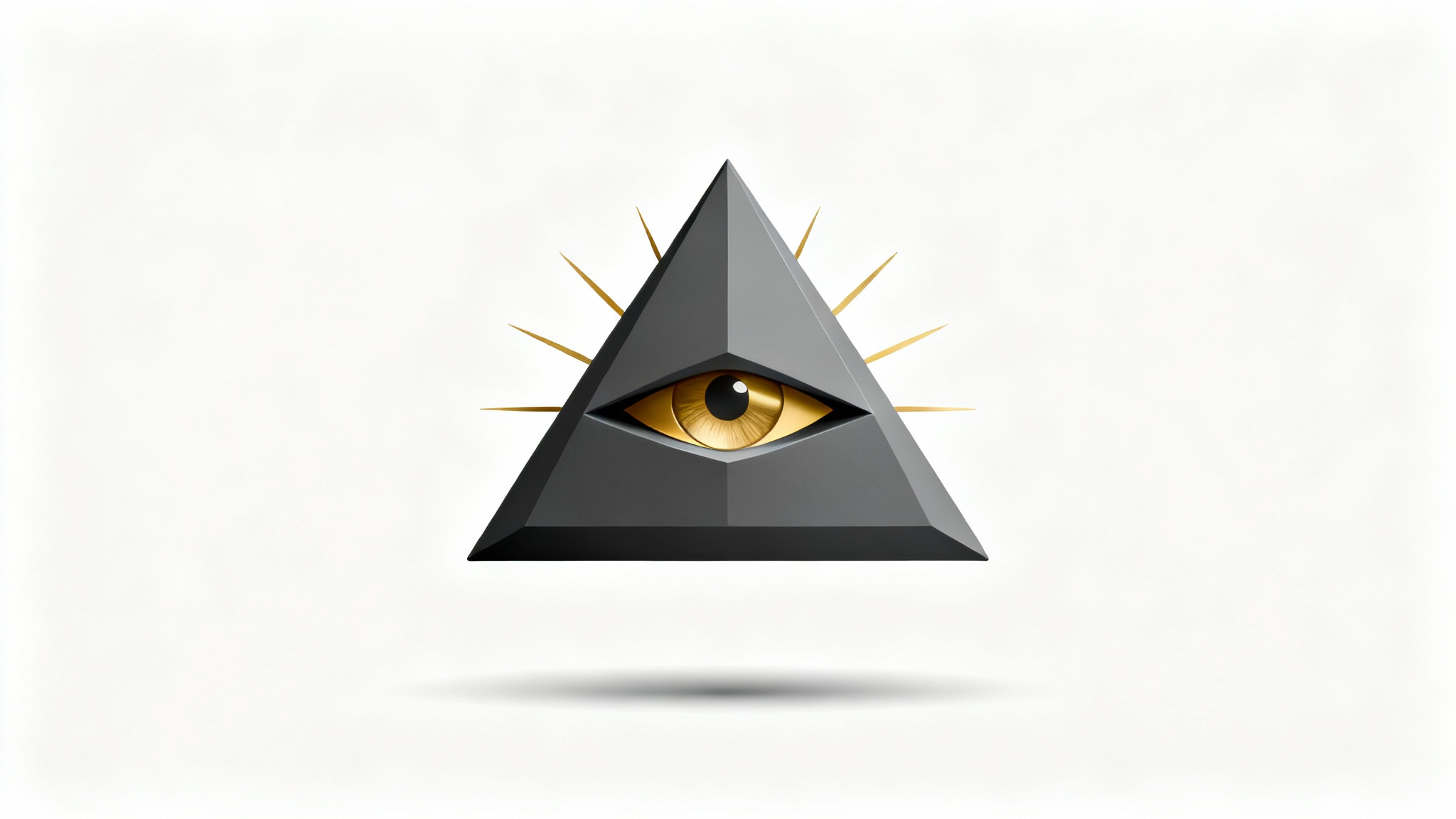 A modern, minimalist logo of the Eye of Providence, featuring a charcoal grey pyramid and a golden eye, displayed on a clean white background.