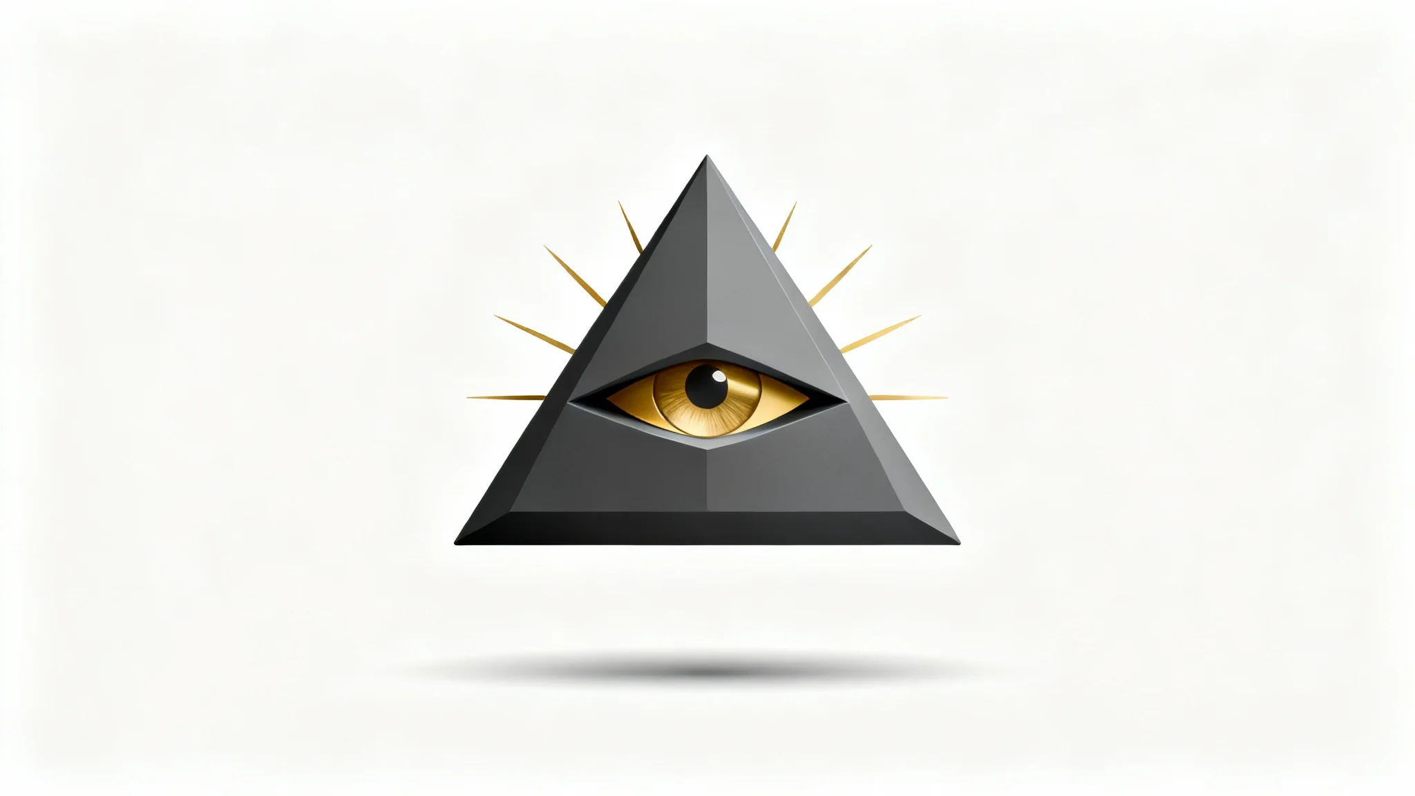 A modern, minimalist logo of the Eye of Providence, featuring a charcoal grey pyramid and a golden eye, displayed on a clean white background.