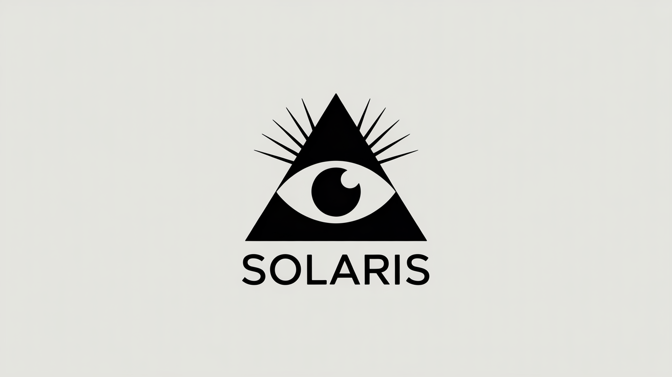 A modern, minimalist logo of the Eye of Providence. A black triangle encloses a single eye, with rays of light extending from the top. Below it, the word 'SOLARIS' is displayed.