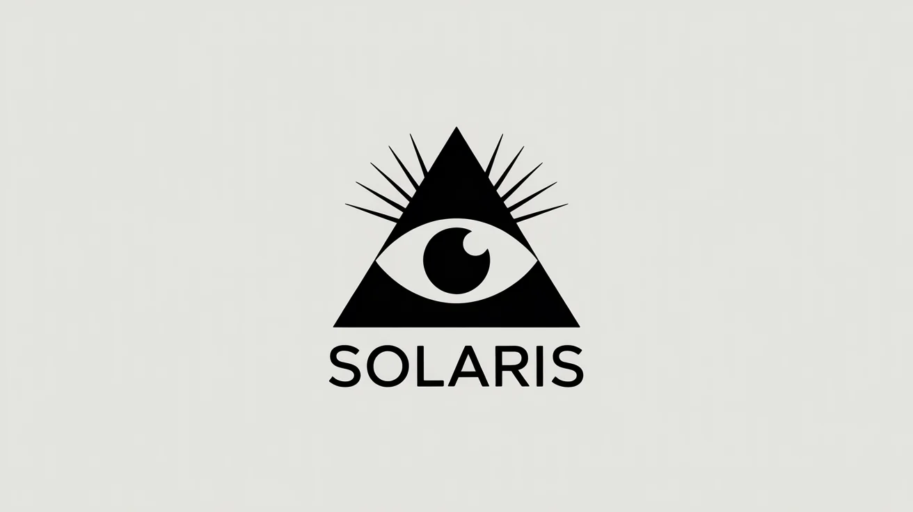 A modern, minimalist logo of the Eye of Providence. A black triangle encloses a single eye, with rays of light extending from the top. Below it, the word 'SOLARIS' is displayed.