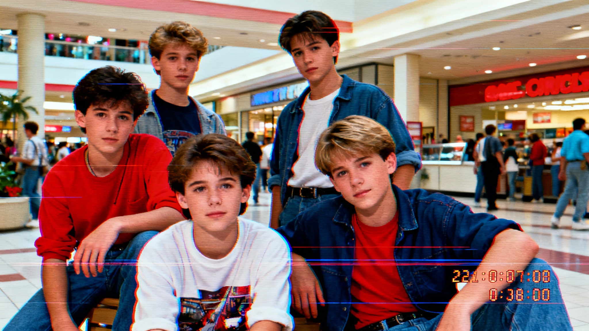 A photo of teenagers at a mall, edited with a strong retro VHS filter that adds scan lines, color bleed, and a timestamp, evoking a 90s home video look.