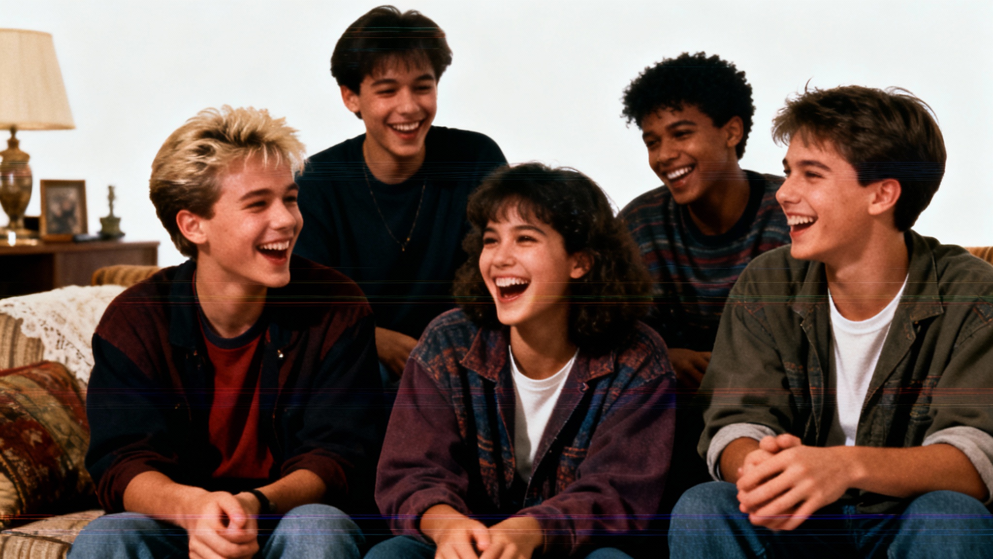 A nostalgic photo of a group of friends from the 1990s, with a heavy VHS filter applied that gives it a grainy, distorted, and retro look.