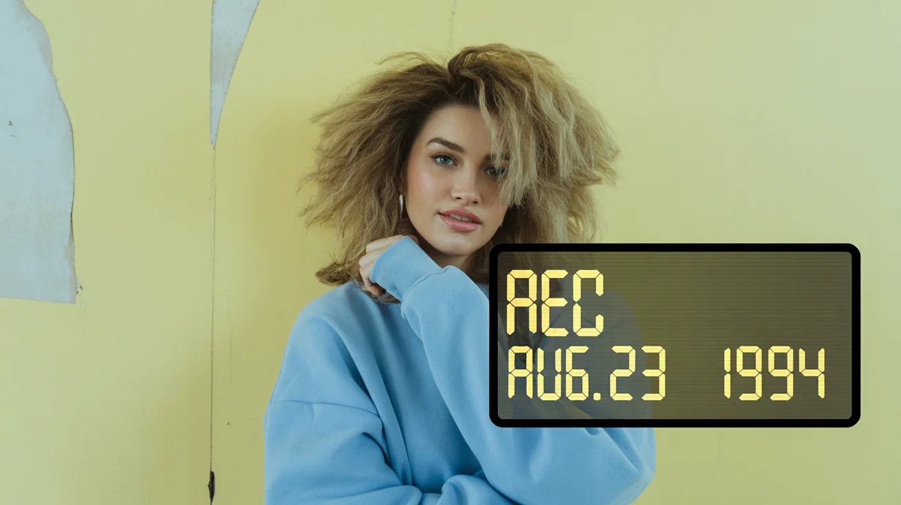 A photograph with a heavy VHS effect showing a smiling woman from 1994, complete with scan lines, grain, and a digital timestamp.