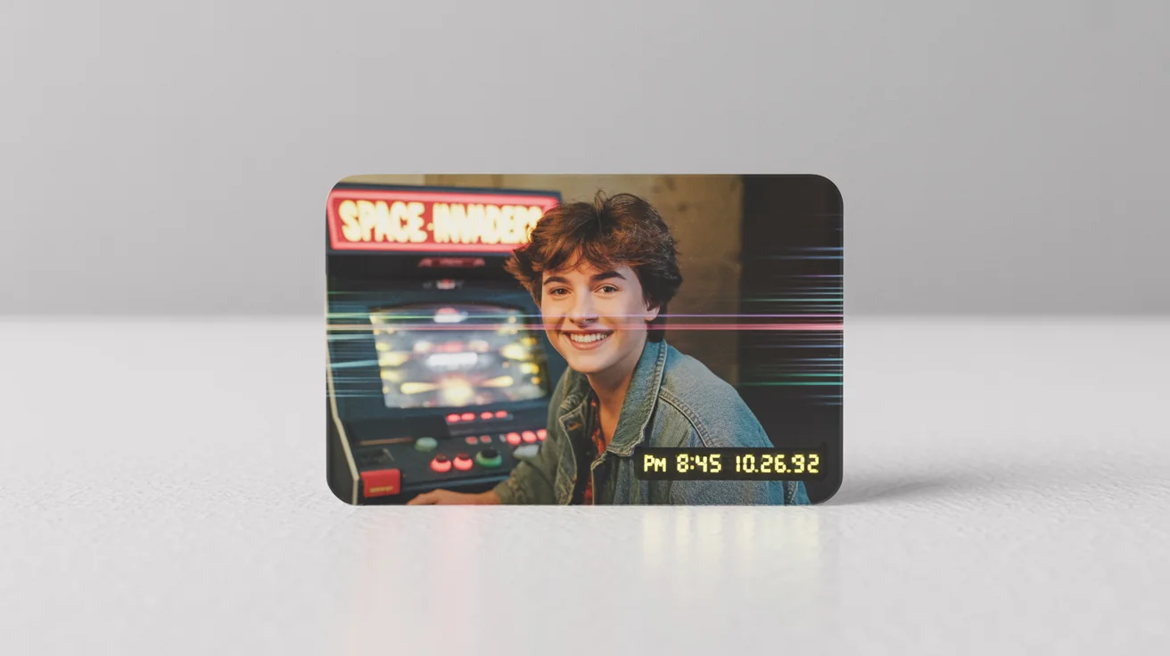 A retro-style photograph with a VHS effect, showing a teenager playing in an arcade in the 90s. The photo is displayed on a white background.