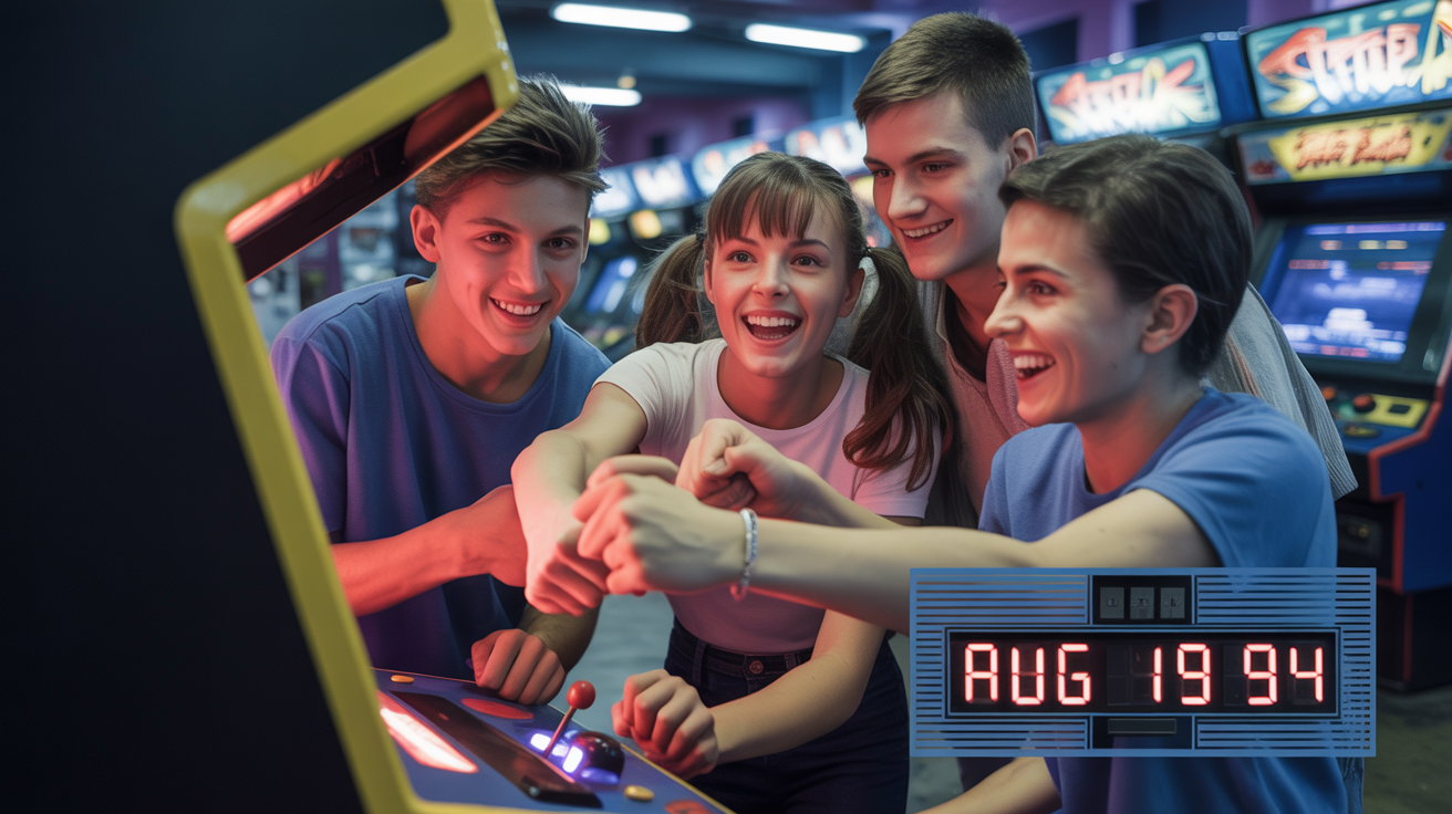 A photo with a 1990s VHS effect, showing a group of teenagers playing an arcade game, with a date stamp from 1994 in the corner.